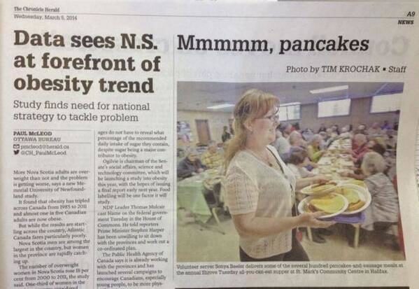 Front of newspaper one article" Data sees N.S. at forefront of obesity trend" next to other article "Mmmmm, pancakes"