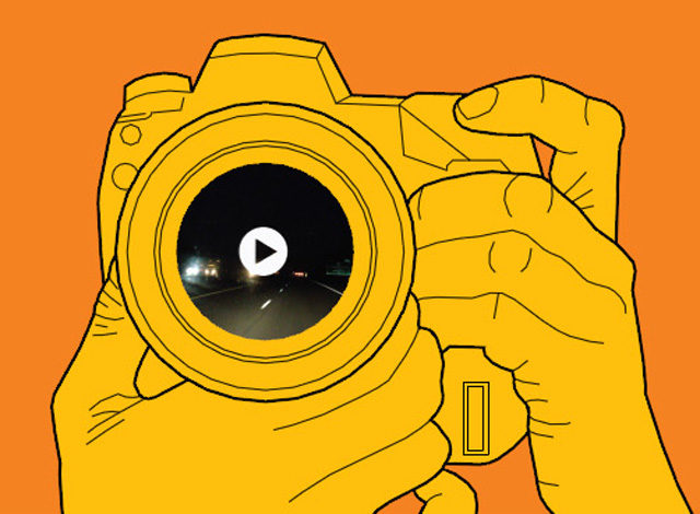 Cartoon drawing of camera with photo and play button on lens