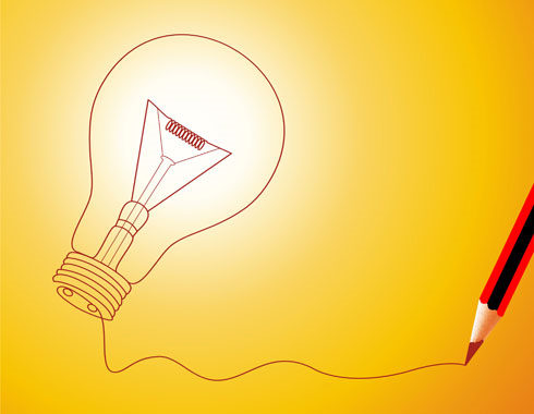 A pencil drawing a lightbulb