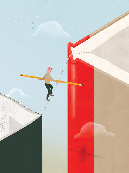 Illustration of man walking a tightrope between two books while carrying a pencil