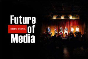 "Future of Digital Journal of Media" logo on top of image of speakers on a stage