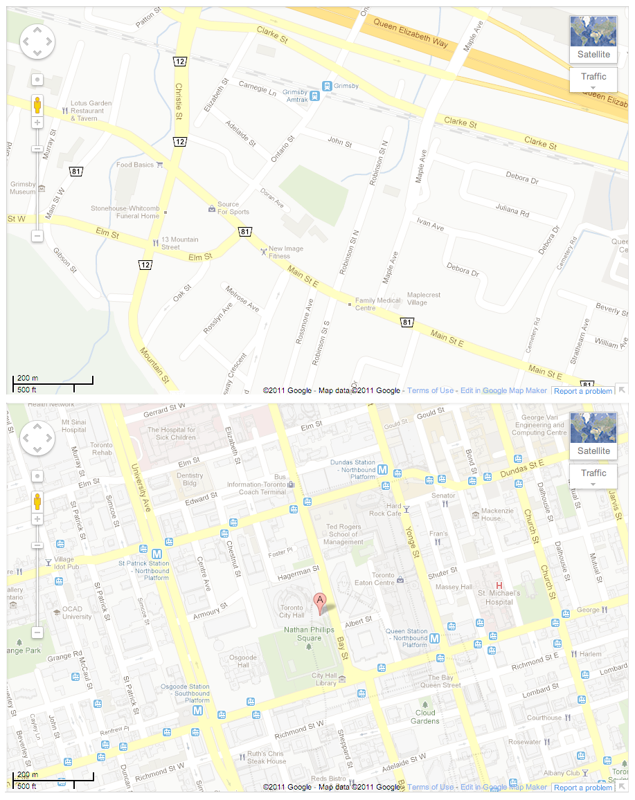 Two maps of Ontario locations. One of Grimsby, Ontario, and one of downtown Toronto