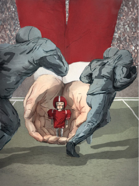 Illustration of football player coming out of cupped hands