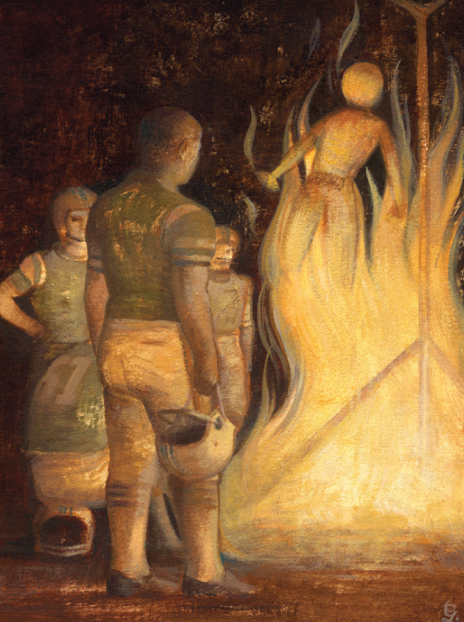 Illustration of people gathered around fire watching person burning