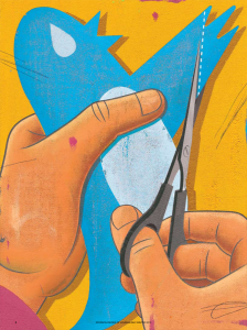 Illustration of hands cutting out twitter logo