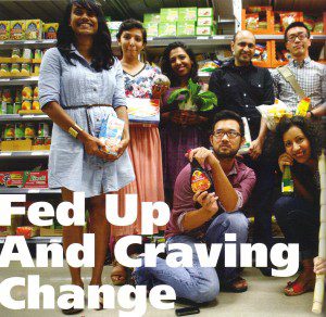 "Fed up and craving change" on photo of people at grocery store