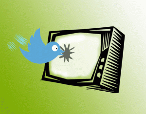 Twitter logo flies at TV