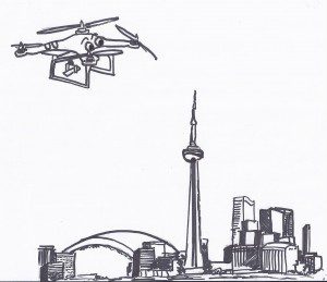 Illustration of drone flying over Toronto skyline