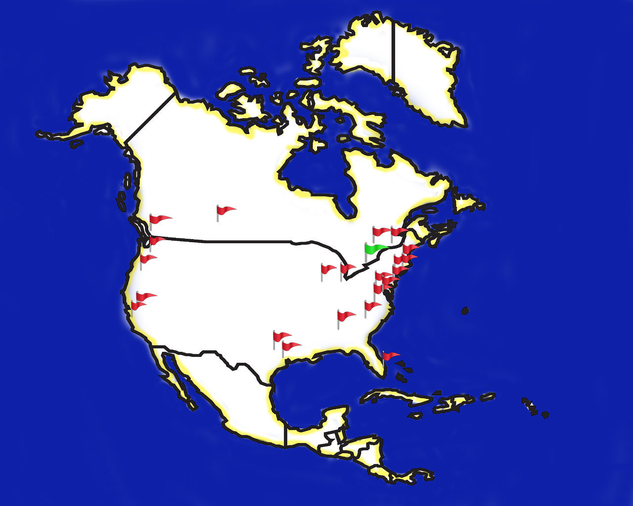 North America map marked with flags