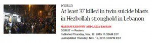 Headline that reads "At least 37 killed in twin suicide blasts in Hezbollah stronghold in Lebanon"
