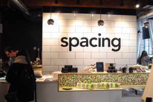 An image of the counter at the Spacing Toronto store