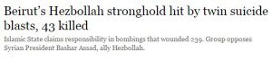 Headline that reads "Beirut's Hezbollah stronghold hit by twin suicide blasts, 43 killed"