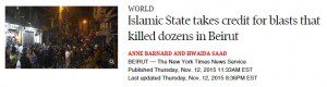 Globe and Mail headline that says "Islamic State takes credit for blasts that killed dozens in Beirut"