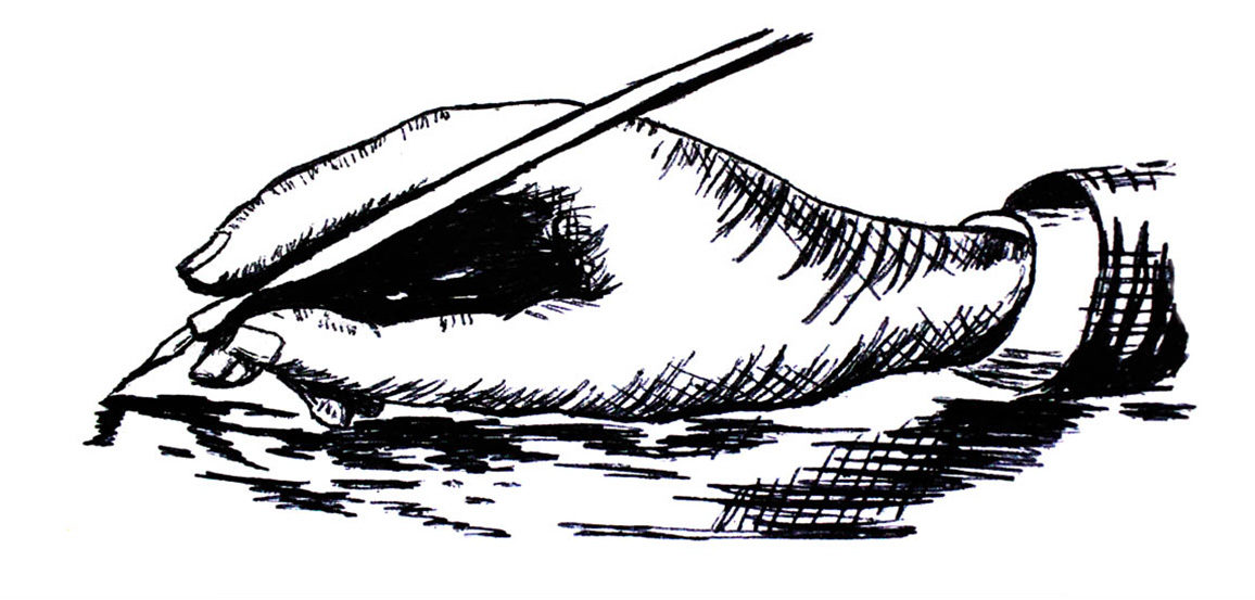 An illustration of a hand holding an ink pen.