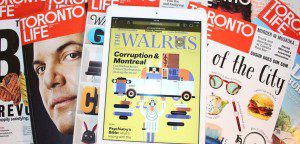 A pile of Toronto life magazines with an iPad showing the cover of the Walrus.