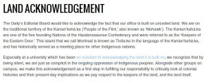 Text showing the McGill Daily's land acknowledgement