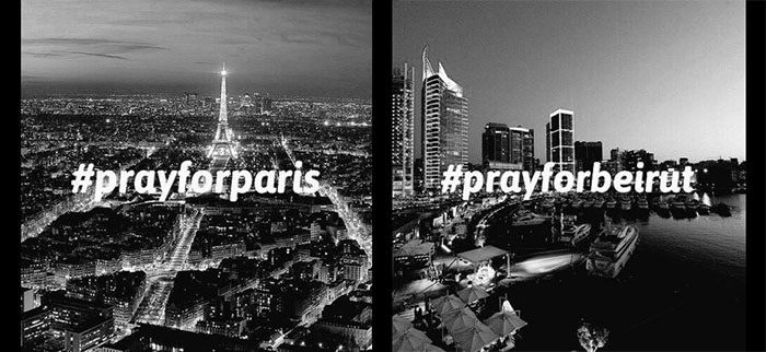 A split screen with one side showing the skyline of Paris with #prayforparis imprinted on it. The other side shows the Beirut skyline with #prayforbeirut