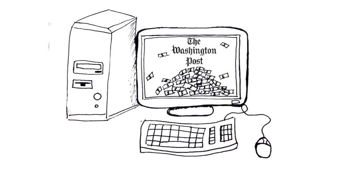 An illustration showing a computer with the Washington Post's logo on the screen