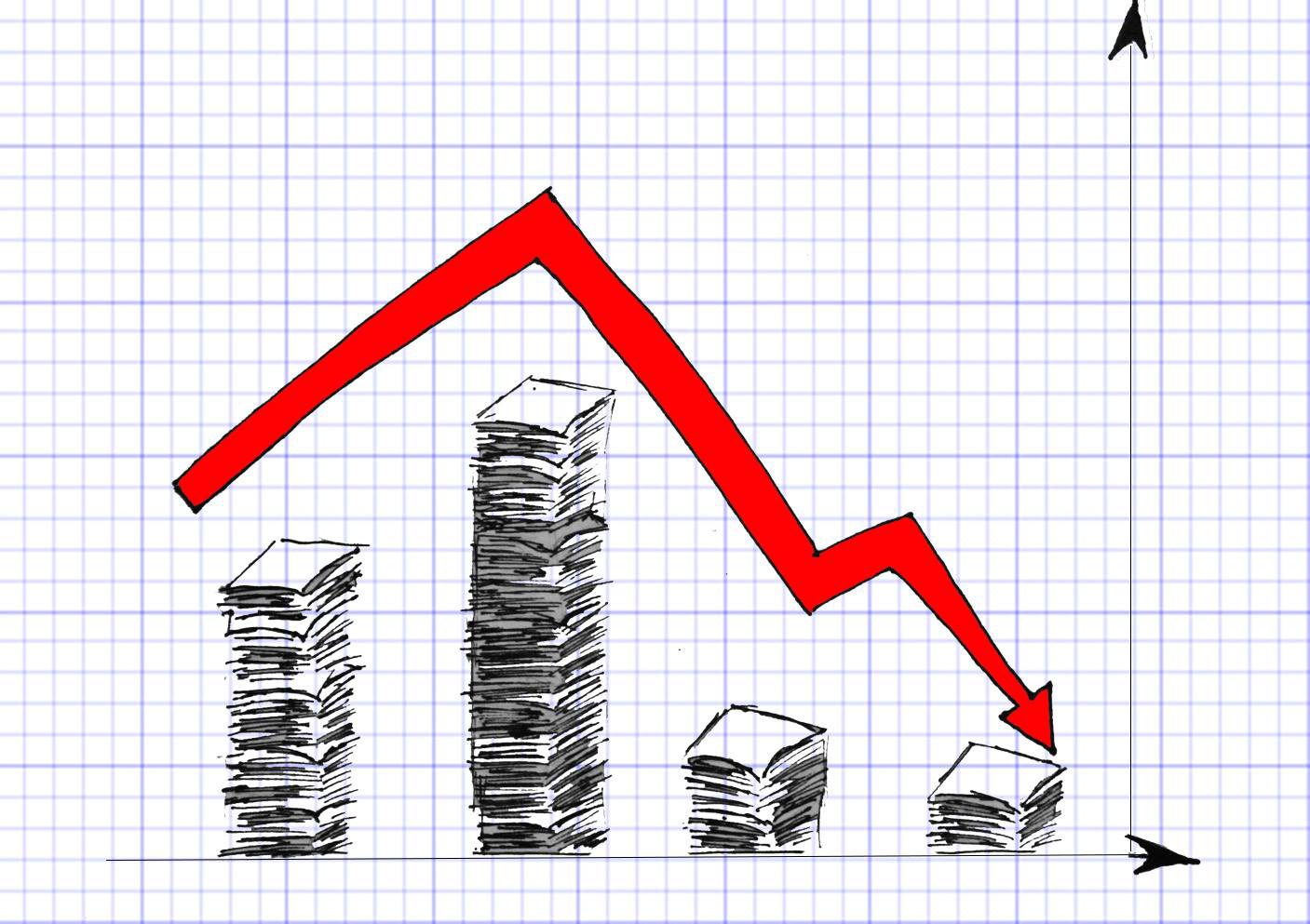 Graph with bars of paper stack drawings and an arrows over bars