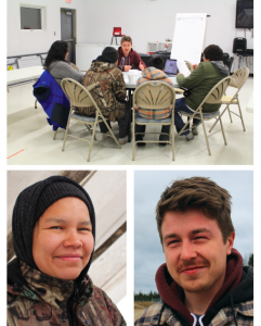 Top photo of people around a circular table, lower two photos of a man and a woman smiling at the camera