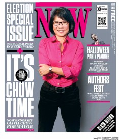 Cover for Now depicting politician Olivia Show in a bright pink shirt and black pants.