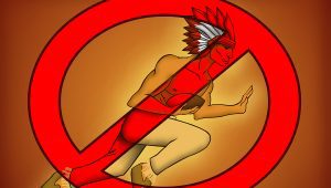 Illustration of a stereotypical "Indian Chief" holding a football with a red cross over top