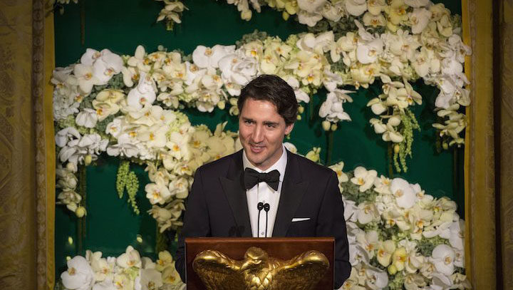 Prime Minister Justin Trudeau addresses a state dinner with US President Barack Obama Thursday, March 10, 2016 in Washington. THE CANADIAN PRESS/Paul Chiasson