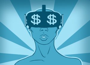 An illustration of an androgynous figure wearing a virtual reality headset with two dollar signs on the visor.