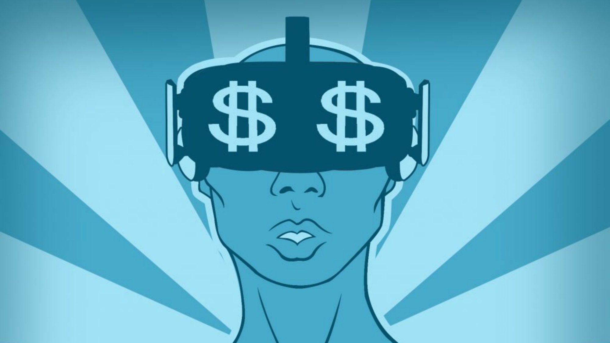 An illustration of an androgynous figure wearing a virtual reality headset with two dollar signs on the visor.