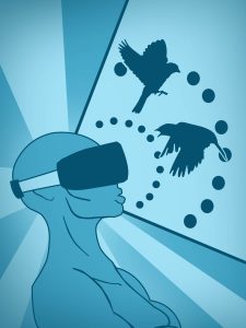 An illustration of an androgynous figure wearing a virtual reality headset watching birds flying.