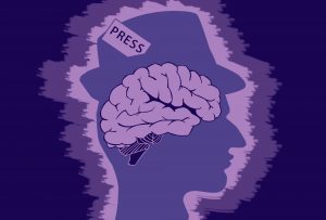 Illustration of a brain in the outline of a head wearing a press hat