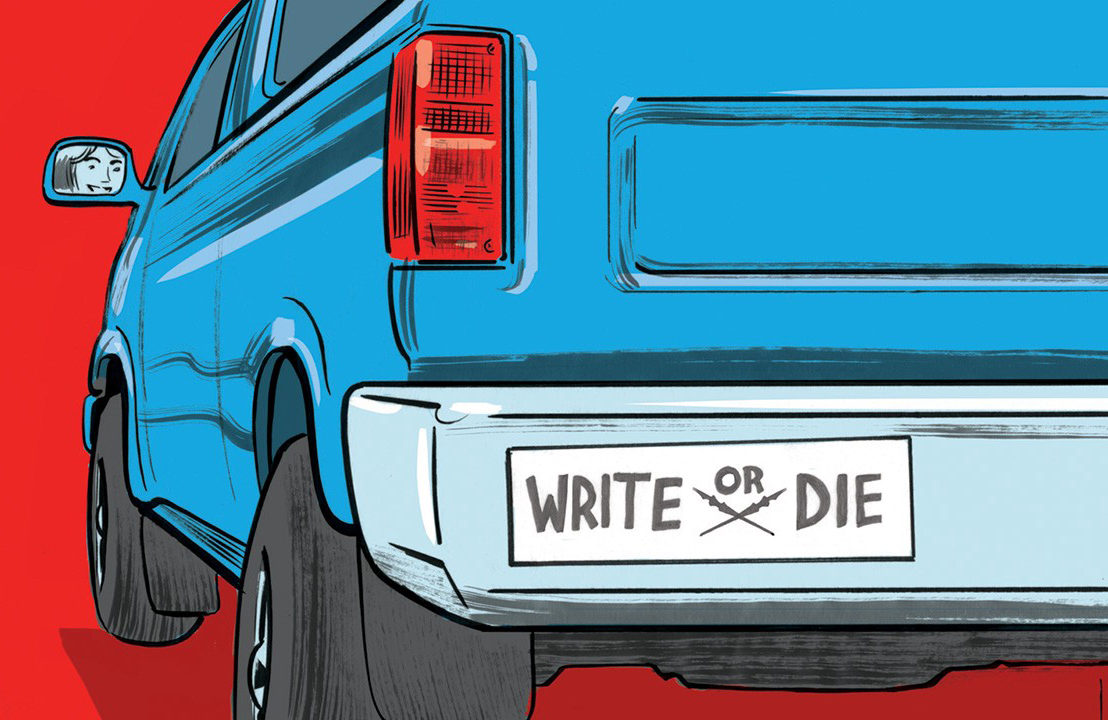 Illustration of car with bumper sticker "Write or Die"