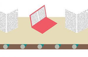 Illustration of laptop with words and books with words