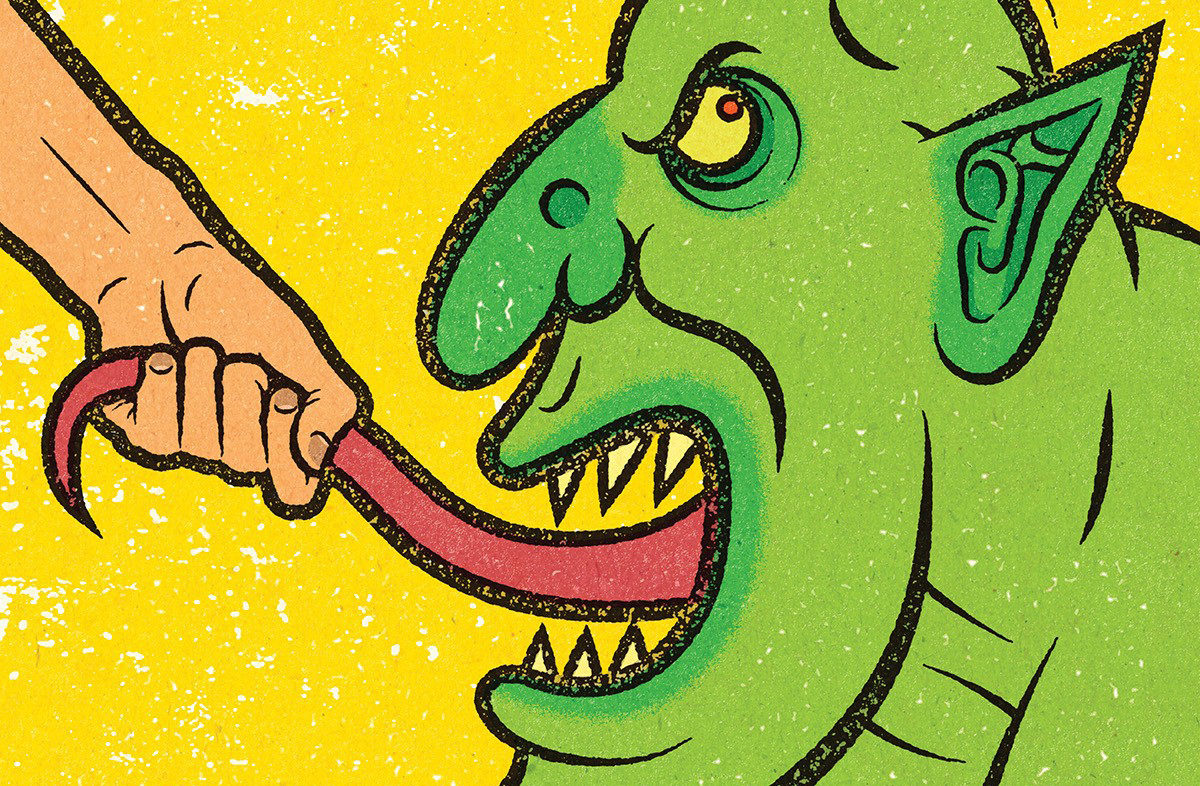 Illustration of a human hand pulling on the tongue of a green monster