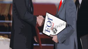 Illustration of two men in suits shaking hands, one of them holding a document "FOI: denied"