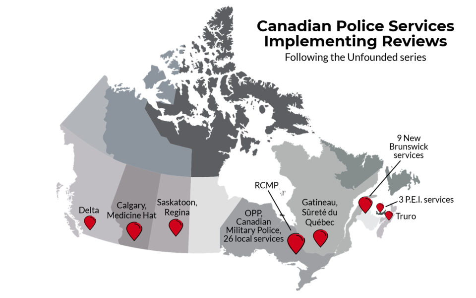 Map of Canada with marked locations and title "Canadian Police Services Implementing Reviews Following the Unfounded series"