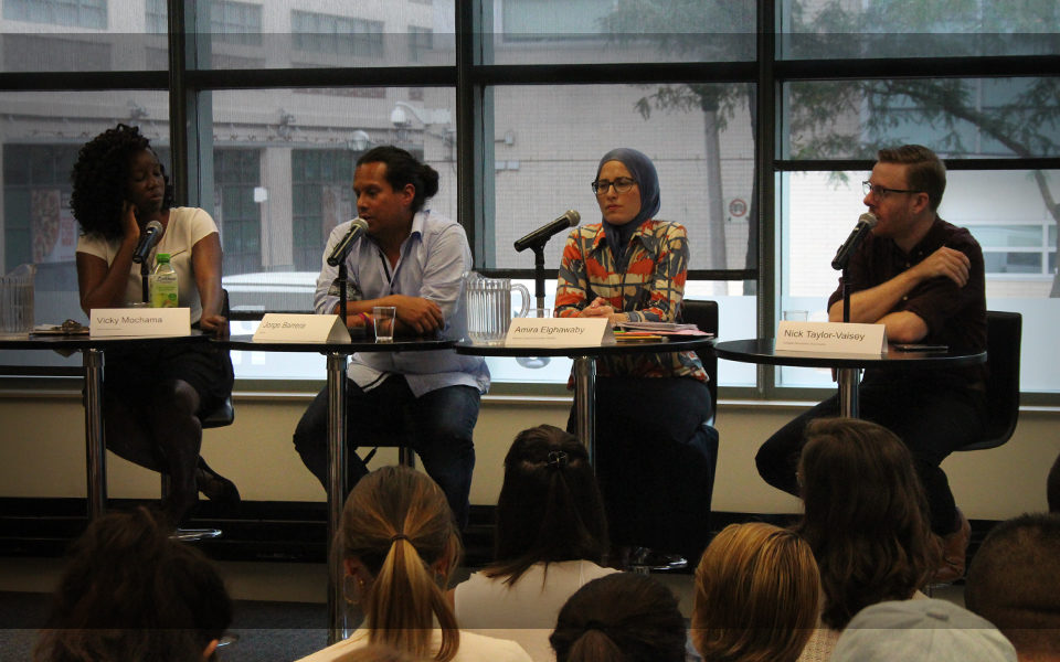 Vicky Mochama, Jorge Barrera, Amira Elghawaby and Nick Taylor-Vaisey discussing the importance of diversity in journalism at the panel, “Activist, advocate, columnist, reporter: Where’s the line?”