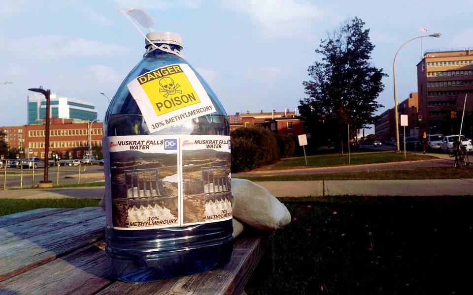 On Oct. 2, 2017 about two dozen demonstrators marched up Yonge Street to voice their concerns to a wider audience in a different city. They eventually entered the office of Minister Carolyn Bennett and presented her with a bottle of what they called “muskrat Falls methylmercury poisoned water.” (Submitted by Matthew Behrens)