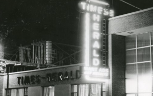 Times Herald fluorescent sign black and white photo