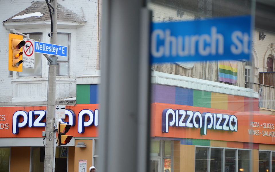 An image of the intersection of Church and Wellesley Streets, the heart of Toronto's gay village