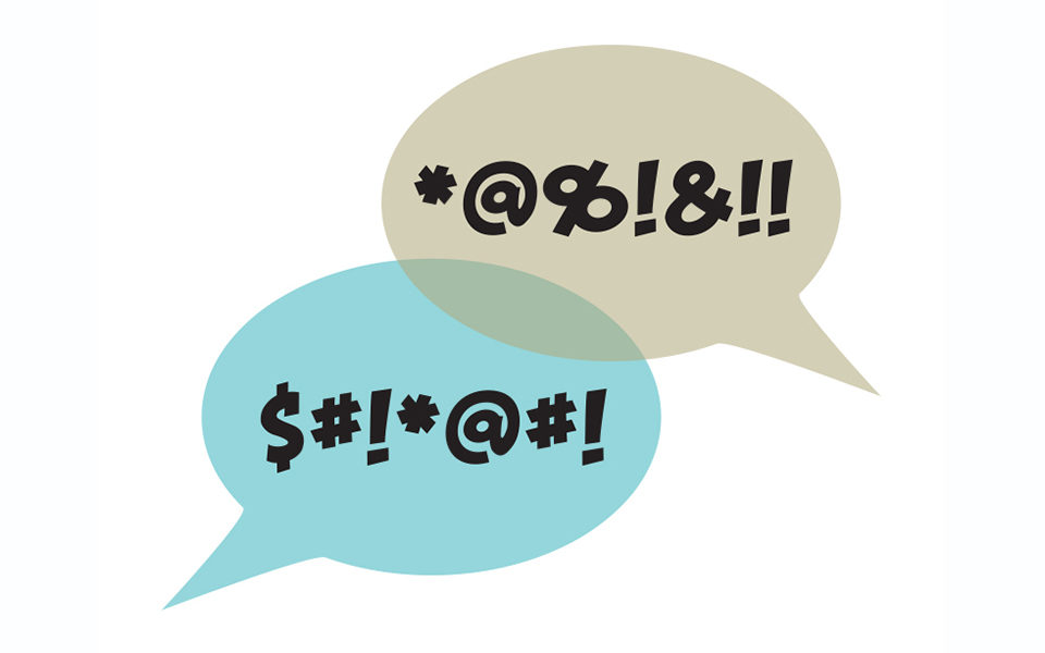 Two speech bubbles with symbols indicating swear words.