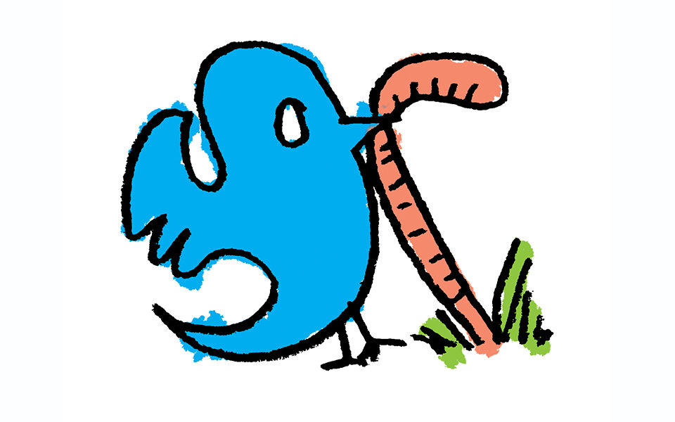 A Twitter bird catches a worm.