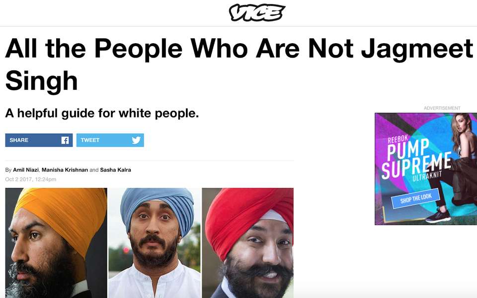 A screengrab from Vice's website with the headline "All the People Who Are Not Jagmeet Singh"