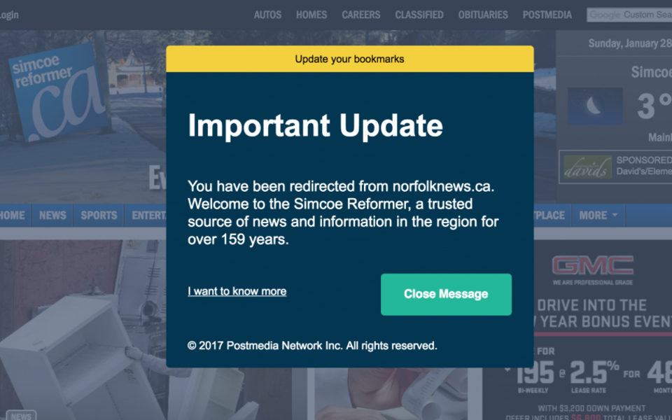 Websites for the shuttered papers now redirect to Postmedia or Metroland sites for the same region. (Screenshot/Norfolk News)