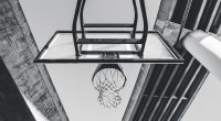 A black and white photo of a basketball hoop