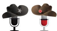 Two microphones wearing cowboy hats face each other. One microphone wears a black hat, the other wears a brown hat with a CBC logo on it.