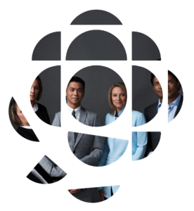 CBC logo with the faces of four reporters in it