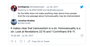 a tweet in which Jonathan Bradley expresses that he believes "transvestism is jj