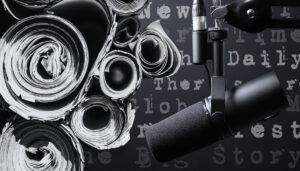 rolled up newspapers and a microphone with titles of podcasts on a black and white background.