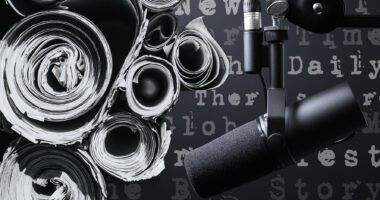 rolled up newspapers and a microphone with titles of podcasts on a black and white background.